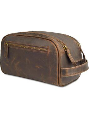 Men's Distressed Brown Premium Leather Toiletry Travel with Waterproof Lining